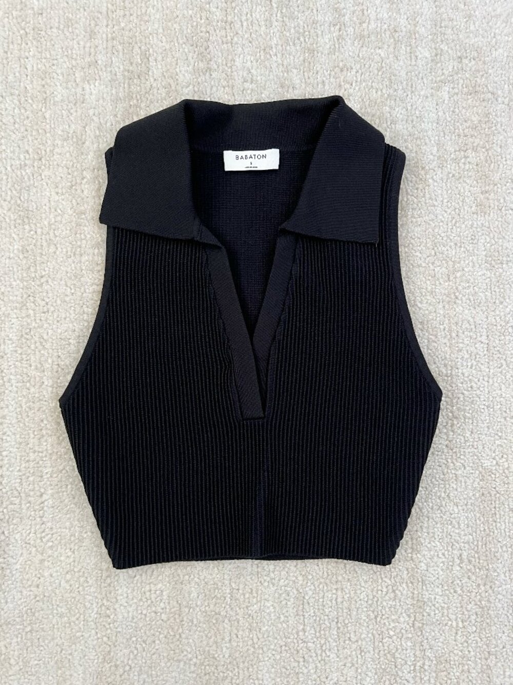 Aritzia Babaton Sculpt Knit Polo Top Black Cropped Ribbed Tank S